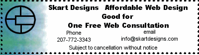 A coupon for a free web consultation from Skart Designs, Afordable Web Design